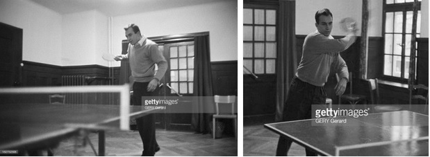 Prince Karim Aga Khan playing tabble tennis in Gstaad, in Switzerland. January 1959 (Photo via Getty Images)
