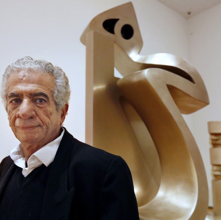 Iranian artist Parviz Tanavoli stands near one of his sculptures called “Heech on Chair” at the Davis Museum on the campus of Wellesley College. AP Photo/Steven Senne