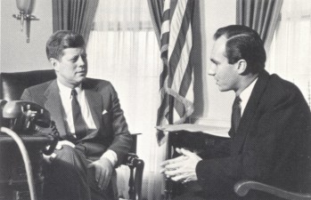 Washington DC, USA. 1961: His Highness Prince Karim Aga Khan IV in conversation with US President John F. Kennedy. Image credit: Vanity Fair