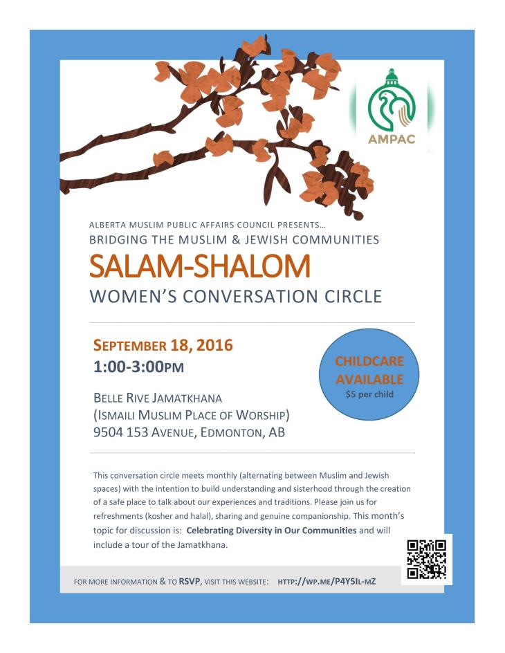 Salam-Shalom Muslim Jewish Women's Circle to meet at Edmonton Belle Rive Jamatkhana, September 18, 2016