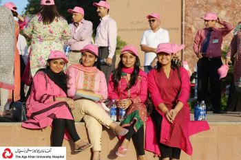 Breast cancer most common cancer among Pakistani women: Clad in pink, men and women walk for breast cancer awareness at the Aga Khan University Hospital, Karachi, Pakistan