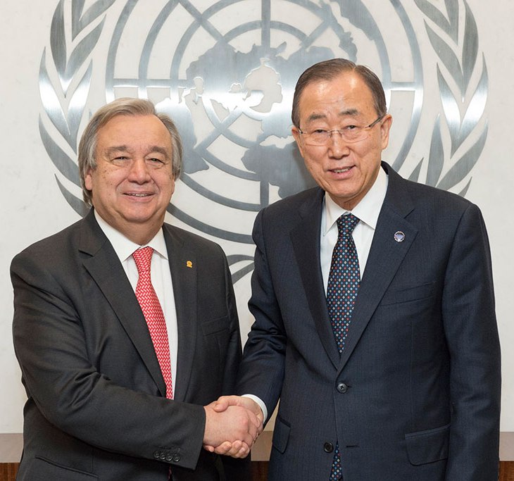 The newly elected United Nations Secretary-General, Antonio Guterres, pictured here last year while serving as High Commissioner of the UN refugee agency, together with the outgoing United Nations Secretary-General Ban Ki-moon. (Image credit: UN News Center)