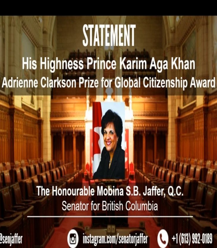 Senator Mobina Jaffer Congratulates the Aga Khan on receiving the first inaugural Adrienne Clarkson Prize for Global Citizenship