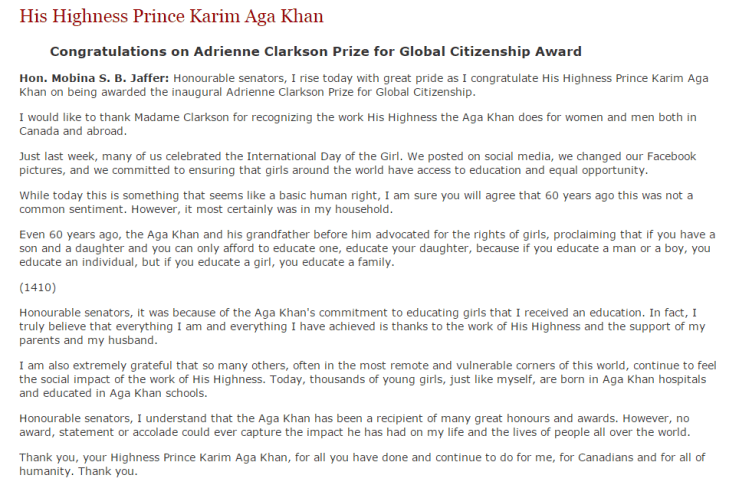 Senator Mobina Jaffer delivers Congratulations on Adrienne Clarkson Prize for Global Citizenship Award to His Highness Prince Karim Aga Khan