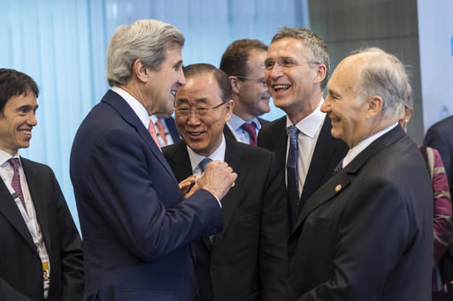 (L-R) U.S. Secretary of State John Kerry, U.N. Secretary General Ban Ki-moon, NATO Secretary-General Jens Stoltenberg and His Highness the Aga Khan, spiritual leader of Shia Ismaili Muslim community, attend the Brussels Conference on Afghanistan, in Belgium, October 5, 2016. REUTERS/Francois Lenoir