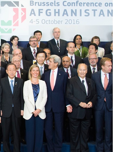 Delegates at the recently held Brussels Conference on Afghanistan <br /> Front row: left to right: Ban Ki-moon, Secretary-General of the United Nations; co-chair of the conference H.E. Federica Mogherini, High Representative of the European Union for Foreign Affairs and Security Policy and Vice President of the European Commission; John Kerry, Secretary of State of the United States of America, His Highness Prince Karim Aga Khan, 49th Imam (Spiritual Leader) of the Ismaili Muslims and Founder of the Aga Khan Development Network. (Image credit: EU)