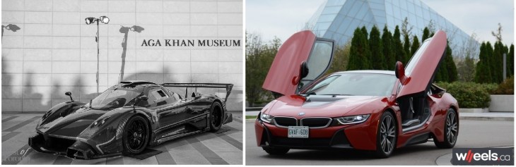 At the Aga Khan Museum: Pagani Automobili Zonda F (left) and 2017 Protonic Red Edition BMW i8 (right) at the Aga Khan Museum (Image credit: Zonda - Best of Toronto and BMW - Wheels.ca)