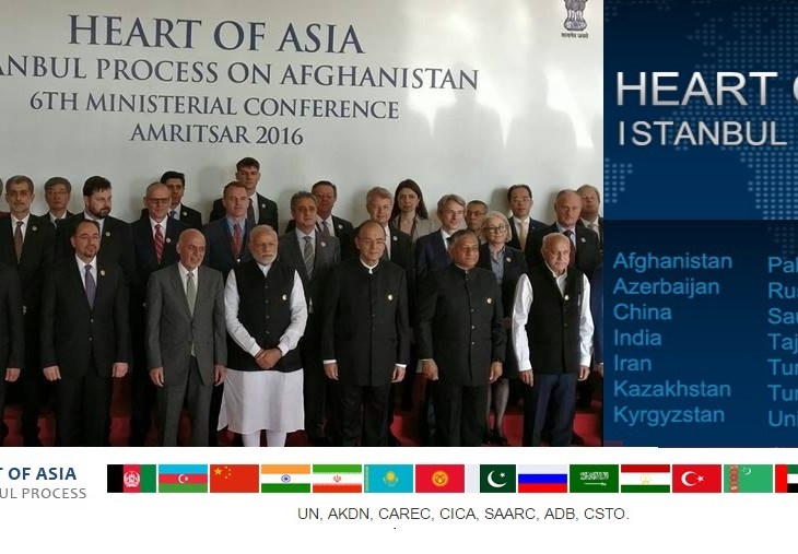 Sunday, Dec 4th, 2016 - Amritsar, India: Prime Minister Narendra Modi, along with Afghanistan's President Ashraf Ghani, and other delegates, pose for a group photo before the inauguration of the 6th Heart of Asia Ministerial Conference. Mrs. Nurjehan Mawani, AKDN Resident Representative for Afghanistan, is seen standing at the back row, 3rd person from the left. (Image credit: MEA via The Indian Express)