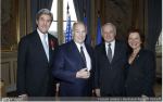 PARIS, FRANCE - DECEMBER 10: U.S. Secretary of State John Kerry, His Highness Prince Karim Aga Khan, Jean-Marc Ayrault and Brigitte Ayrault attend the ceremony for John Kerry being decorated 'Grand Officier de la Legion d'Honneur' at Quai d'Orsay on December 10, 2016 in Paris, France. (Photo by Bertrand Rindoff Petroff/Getty Images)