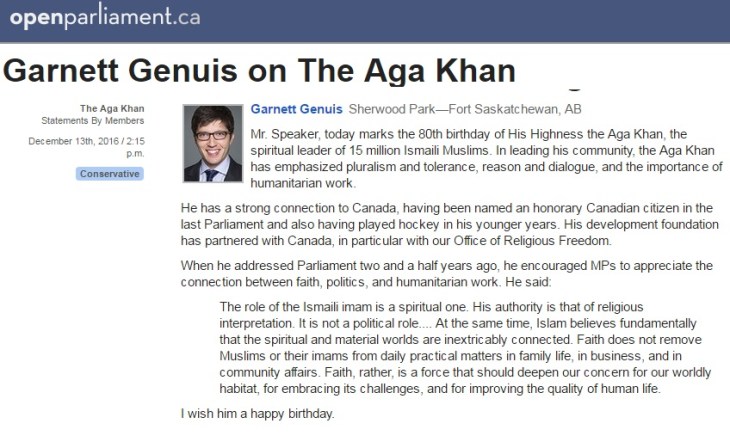 Garnett Genuis, Conservative MP wishes the Aga Khan a happy 80th birthday during the December 13th, Parliament of Canada session