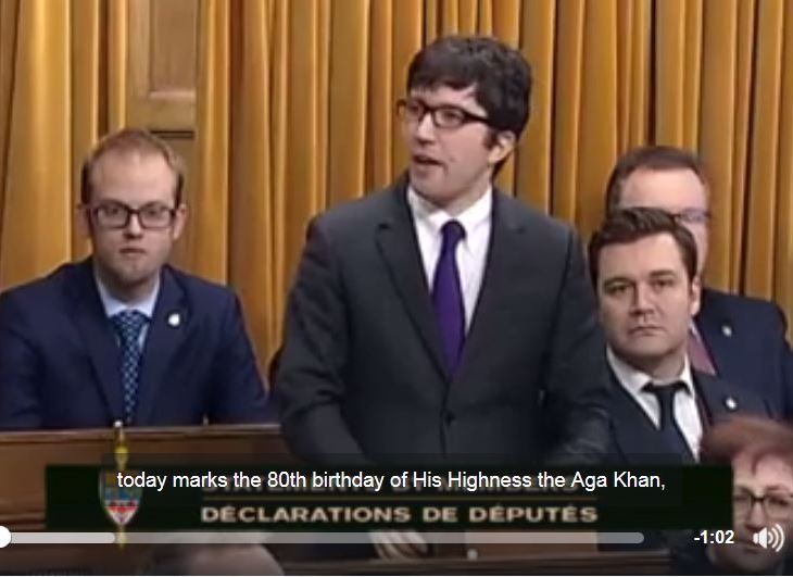 Garnett Genuis, Conservative MP wishes the Aga Khan a happy 80th birthday during the December 13th, Parliament of Canada session