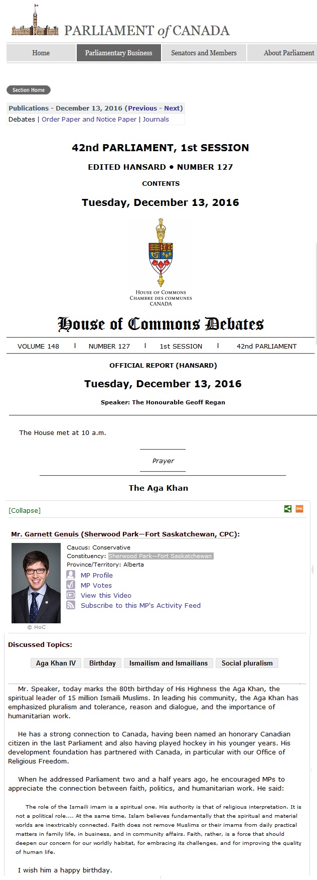 Garnett Genuis, Conservative MP wishes the Aga Khan a happy 80th birthday during the December 13th, Parliament of Canada session