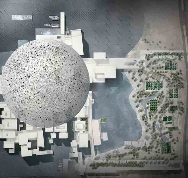 The Louvre Abu Dhabi, UAE: Arial view and site plan. Designed by Jean Nouvel, (image credit: Ateliers Jean Nouvel)