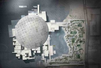 The Louvre Abu Dhabi, UAE: Arial view and site plan. Designed by Jean Nouvel, (image credit: Ateliers Jean Nouvel)