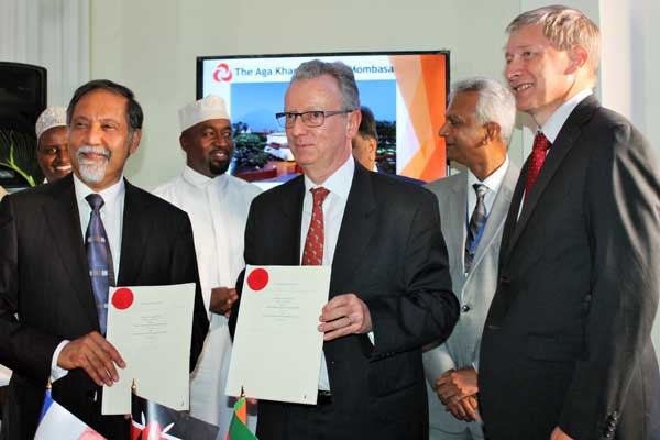 Aga Khan Development Network Diplomatic representative Azim Lakhani (left), French Ambassador to Kenya Antoine Sivan (centre) and Agence Francaise de Development (AFD) Director Bruno Deprince on January 13, 2017 during the signing of a Sh1.2 billion agreement for the expansion of the Aga Khan hospitals in Mombasa and Kisumu. (Image credit: WACHIRA MWANGI | NATION MEDIA GROUP)