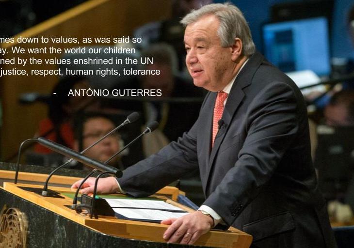 The ninth Secretary-General of the United Nations, António Guterres, addressed the General Assembly on 12 December 2016 after taking the oath of office, which was administered by Peter Thomson, President of the 71st session of the General Assembly. Image credit: UN Photo/Eskinder Debebe)