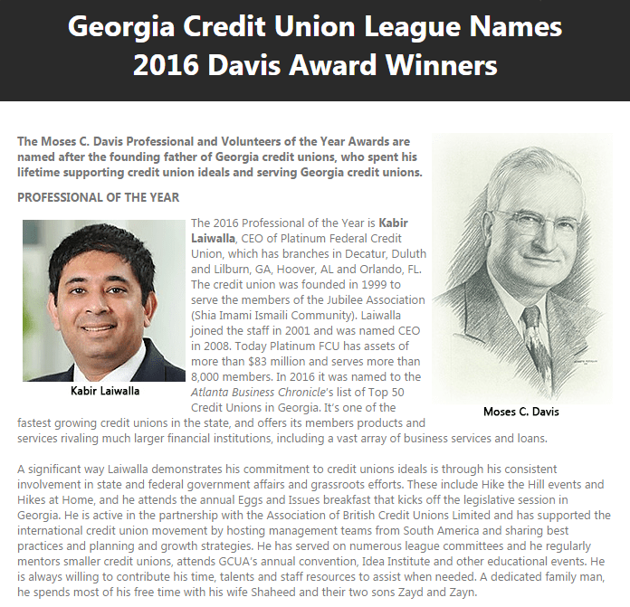 Kabir Laiwalla receives Moses C. Davis Professional of the Year Award 2016 from Georgia Credit Union League