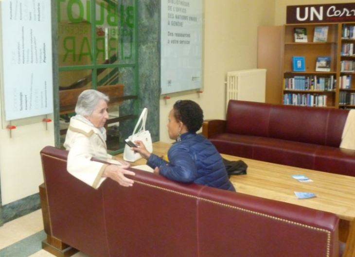 (R) Amal Ewida Kenawy, a Geneva based correspondent for an Egyptian newsweekly - Al-Ahram in conversation with (L) Diana Miserez, author of Prince Sadruddin Aga Khan: Humanitarian and Visionary at the UN Library Geneva (image credit: Natasha)