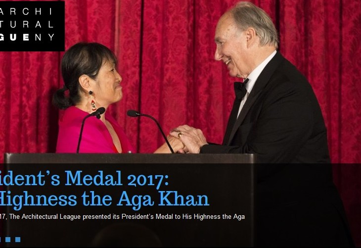New York, USA. May 18, 2017: Architecture League New York's President Billie Tsien presents His Highness Prince Karim Aga Khan IV with the Architecture League's 2017 President's Medal. Image credit: Architecture League New York