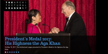 New York, USA. May 18, 2017: Architecture League New York's President Billie Tsien presents His Highness Prince Karim Aga Khan IV with the Architecture League's 2017 President's Medal. Image credit: Architecture League New York