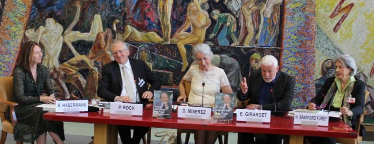 Edward Girardet with the fellow panelists during the panel discussions at the book launch of Prince Sadruddin Aga Khan: Humanitarian and Visionary (image credit: UN Library)