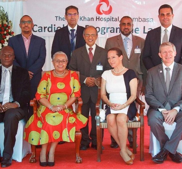 First Lady Margaret Kenyatta, cuts the ribbon to officially unveil the first Cath Lab in the Coast Region in the presence of Princess Zahra Aga Khan and staff from the Aga Khan Hospital Mombasa.
