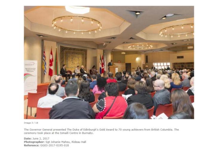 Presentation of Duke of Edinburgh Gold Award with Governor General David Johnston at The Ismaili Centre Burnaby
