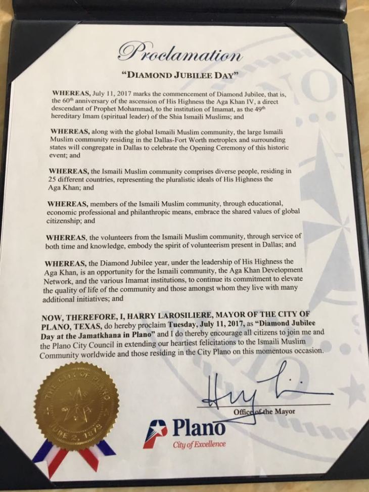Mayor of the City of Plano, Texas (USA) proclaims "Diamond Jubilee Day"