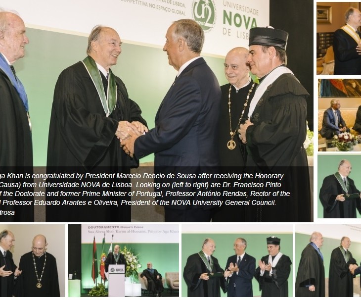 His Highness Prince Karim Aga Khan is congratulated by Portugal’s President, His Excellency Marcelo Rebelo de Sousa after receiving the Honorary Doctorate (Honoris Causa) from Universidade NOVA de Lisboa. Looking on (left to right) are Dr. Francisco Pinto Balsemão, Patron of the Doctorate and former Prime Minister of Portugal, Professor António Rendas, Rector of the Nova University and Professor Eduardo Arantes e Oliveira, President of the NOVA University General Council. (image credit: AKDN / Antonio Pedrosa)
