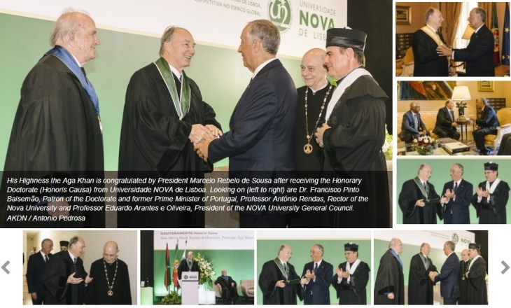 His Highness Prince Karim Aga Khan is congratulated by Portugal’s President, His Excellency Marcelo Rebelo de Sousa after receiving the Honorary Doctorate (Honoris Causa) from Universidade NOVA de Lisboa. Looking on (left to right) are Dr. Francisco Pinto Balsemão, Patron of the Doctorate and former Prime Minister of Portugal, Professor António Rendas, Rector of the Nova University and Professor Eduardo Arantes e Oliveira, President of the NOVA University General Council. (image credit: AKDN / Antonio Pedrosa)
