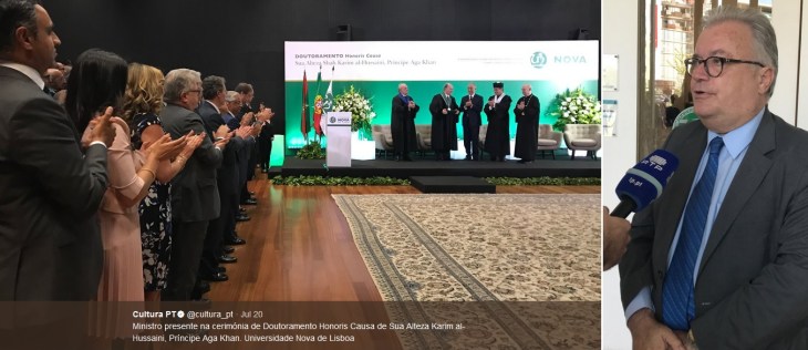 His Highness Prince Karim Aga Khan receives a standing ovation. Image on the right: Portugal's Minister of Culture, Luís Filipe Castro Mendes in an interview following the honorary doctorate ceremony at the Universidade NOVA de Lisboa (image credit: Oficial do Gabinete do Ministro da Cultura)
