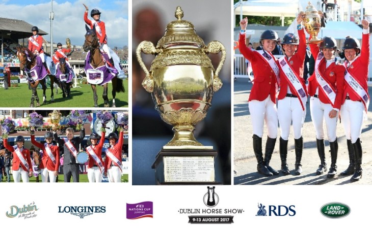 The all-female American team celebrate after winning the coveted the Aga Khan Trophy (center image) at the Dublin Horse Show.
