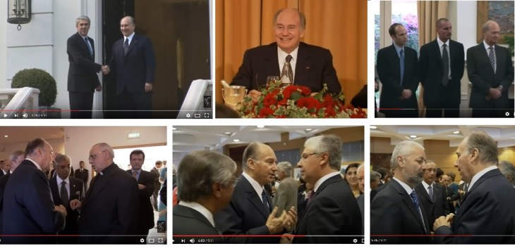 His Highness Prince Karim Aga Khan meeting with Portuguese President (top left) and other high ranking government and Catholic church officials (bottom 3 photos). Members of His Highness's family (top right) l-r: sons - Prince Hussain and Prince Rahim, brother - Prince Amyn.