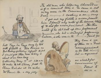 A page from Pyne’s Journal with his illustrations of two professional musicians whom he met at a caravanserai outside Shiraz