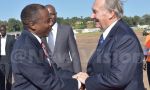 Attorney General William Byaruhanga receives the Aga Khan at Entebbe Airport yesterday evening. (Credit: William Rujuta)
