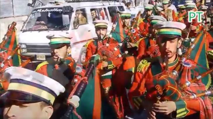 Pipe Bands from Hunza participate in a rally to celebrate the arrival of His Highness Prince Karim Aga Khan in Pakistan
