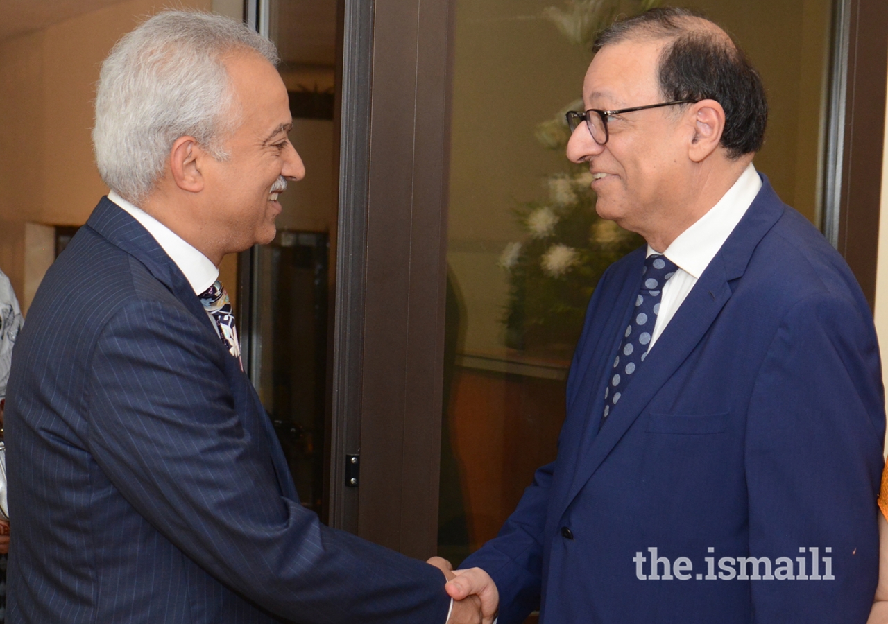 Mr Ferid Nandjee, Diplomatic Representative of AKDN West Africa, greets Mukhi Saheb Mr Rehman Kassam of Abidjan Jamatkhana.