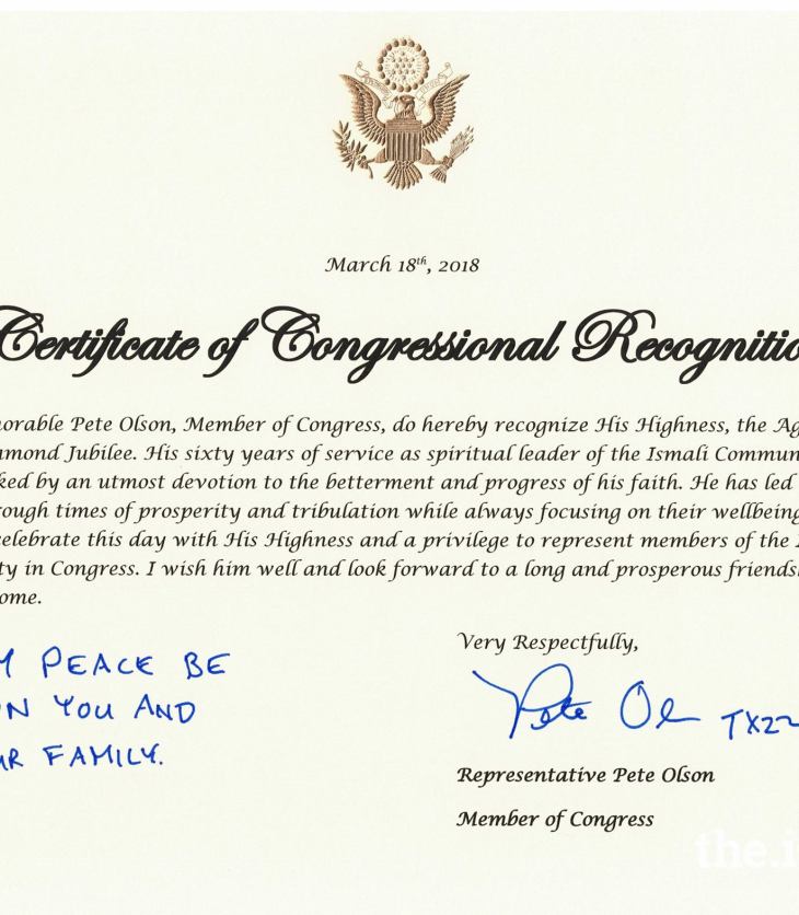 US Congressman Pete Olson awards Certificate of Congressional Recognition to His Highness the Aga Khan