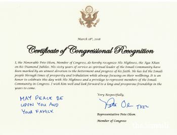 US Congressman Pete Olson awards Certificate of Congressional Recognition to His Highness the Aga Khan