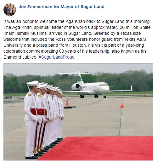 Mayor of Sugar Land Texas USA Presents The Key to the City to His Highness the Aga Khan