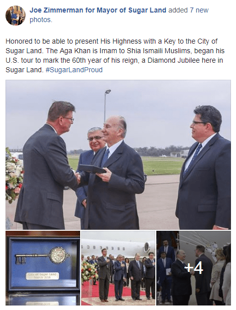 Mayor of Sugar Land Texas USA Presents The Key to the City to His Highness the Aga Khan