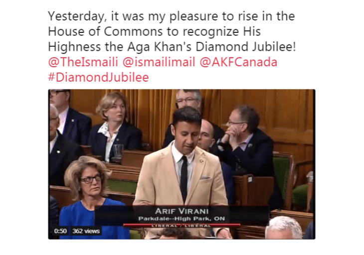 MP Arif Virani welcomes His Highness the Aga Khan to Canada in House of Commons