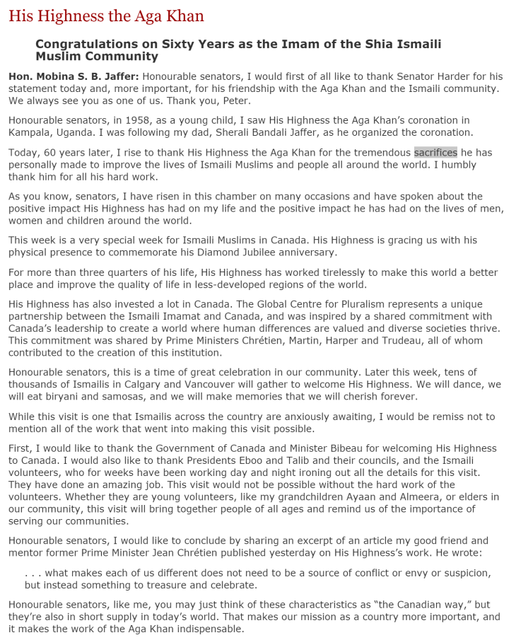 Senator Mobina Jaffer congratulates His Highness the Aga Khan