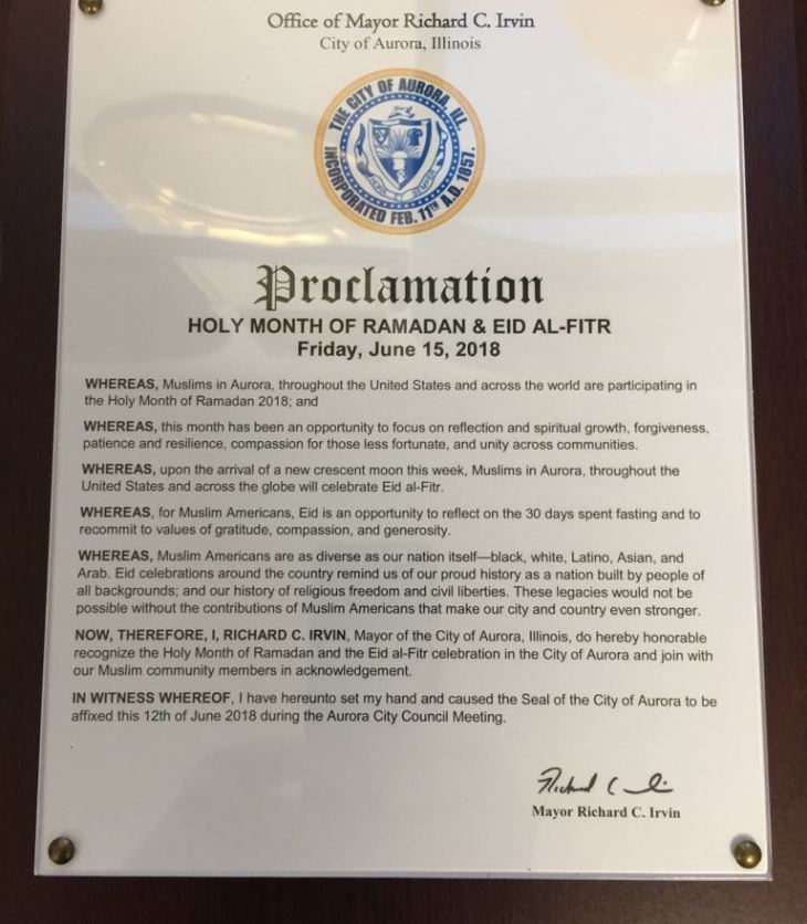 City of Aurora Illinois proclaims Holy Month of Ramadan & Eid al-Fitr