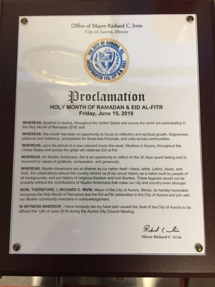 City of Aurora Illinois proclaims Holy Month of Ramadan & Eid al-Fitr