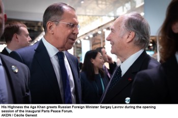 Paris, France. November 8, 2018: His Highness the Aga Khan IV, Imam of the Shia Ismaili Muslims and Chairman & Founder of the Aga Khan Development Network (AKDN) meets Sergei Lavrov, Russia’s Minister of Foreign Affairs at the opening session of the 1st Paris Peace Forum. Image credit: AKDN