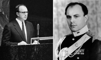Prince Aly Salomone Khan (1911-1960), more popularly known as Prince Aly Khan.</br>Left image: August 19, 1958, New York. Prince Aly Khan addressing the UN General Assembly. Image credit: Marvin Bolotsky, UN Photo Archive.</br> Right image: Prince Aly Khan in full regalia.</br> Prince Aly Khan, was Permanent Representative of Pakistan to the United Nations from 1957-1960. He was also the Vice President of the United Nations General Assembly and Chairman of the UN Peace Observation Committee.</br>