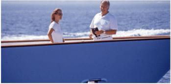 His Highness Prince Karim Aga Khan IV and his daughter Princess Zahra on board their yacht Shergar at Maxi Yacht Rolex Cup 2004 in Costa Smeralda, Sardinia.