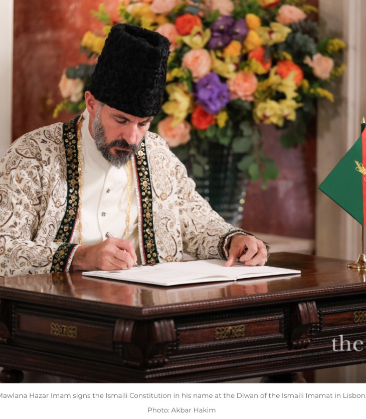 The Ismaili Mawlana Hazar Imam signs the Ismaili Constitution in his name at the Diwan of the Ismaili Imamat in Lisbon. Photo: Akbar Hakim