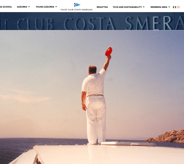 His Highness Prince Karim Aga Khan IV, President of the Yacht Club Costa Smeralda (YCCS) – top-right: Destriero, flying the Yacht Club Costa Smeralda burgee, crossed the Atlantic Ocean in record time (non-stop 3,106 miles in 58 hours, 34 minutes and 50 seconds, at an average speed of 53.09 knots). – bottom-right (June, 1983): Azzurra, in her first race for the Challenger Series of the 25th America’s Cup in Newport, Rhode Island, USA